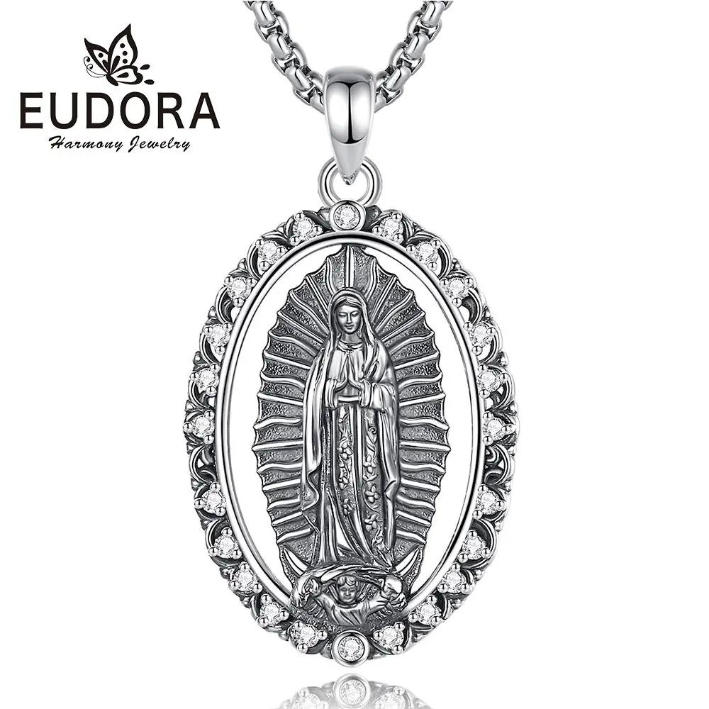 Eudora Virgin Mary Necklace Silver Plated Copper Our Lady of Guadalupe Pendant Cubic Zirconi Religious Jewelry  for Woman Man