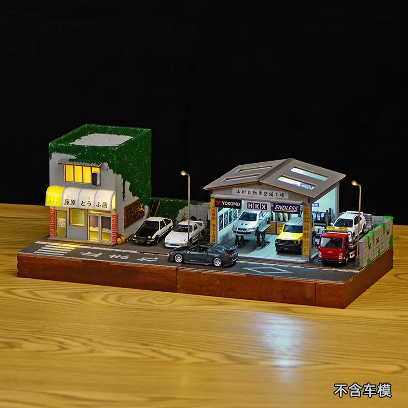 

1:64 Scale Garage Auto Repair Workshop Diorama Hand Assembled Mini With Led Lights For Model Car Display Gift For Car Collectors