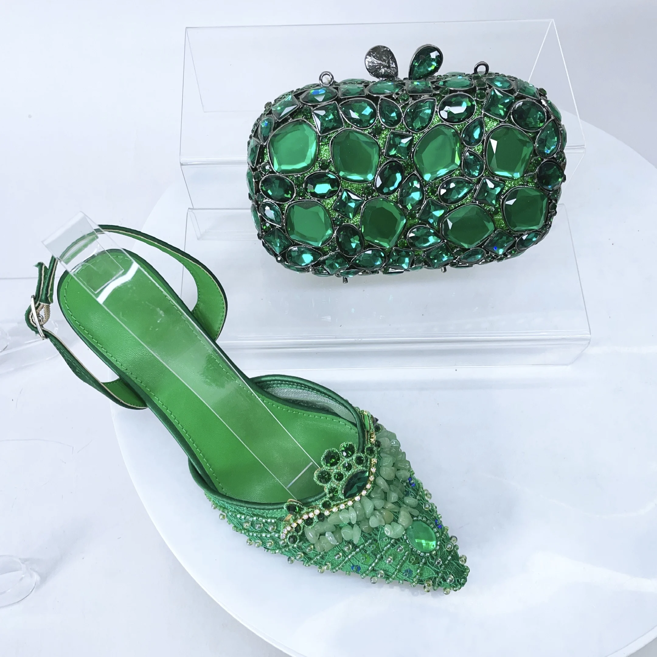 

LNATISNOVA Lady Green Gold Shoes and Bag Sets Party Rhinestones Evening Purses Bags with High Heels Sandals Set for Party Pumps