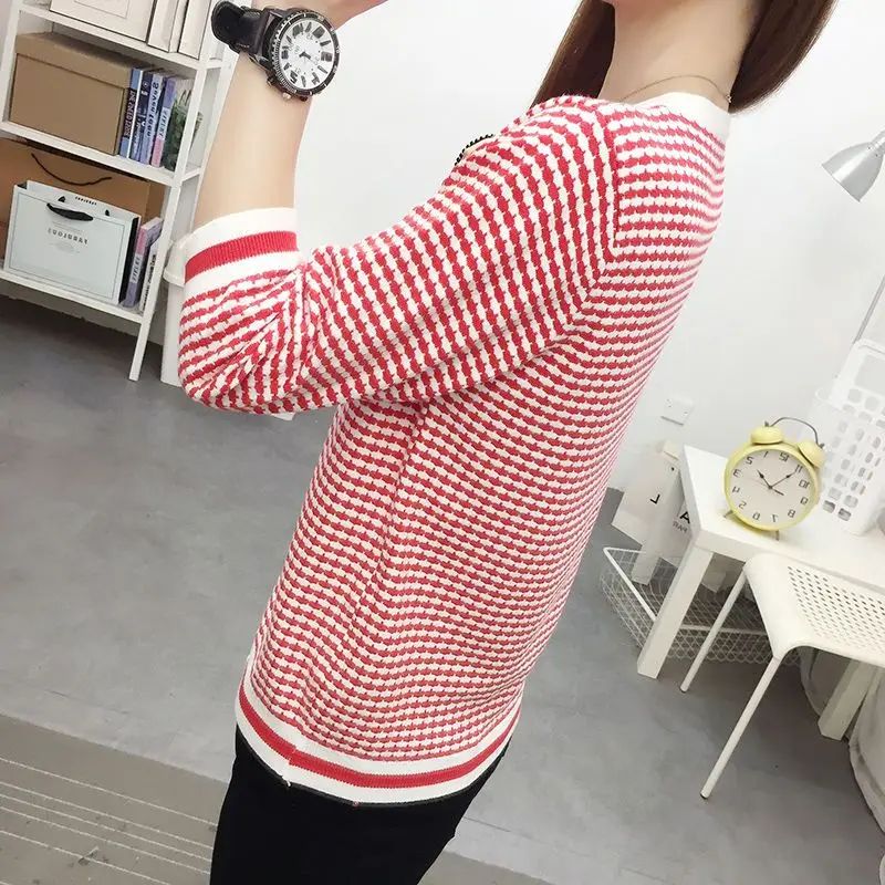 Autumn Winter Women\'s Clothing Pullover Long Sleeve Round Neck Checkered Contrast Color Sweater Knitted Casual Elegant Tops