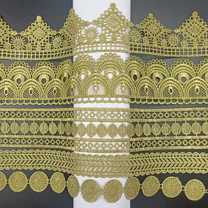 1Yards Golden Polyester Embroidery Ribbon Lace Fabric Collar Trim Dress Curtains Hat DIY Sewing Decor