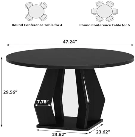 Round Conference Table for 4-6 People, Round Meeting Table with Thicken Tabletop and Wood Base for Office, Conference