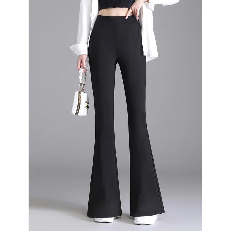2025 Elegante elastische flare broek dames effen zwarte normale taille afslankende casual dagelijkse broek