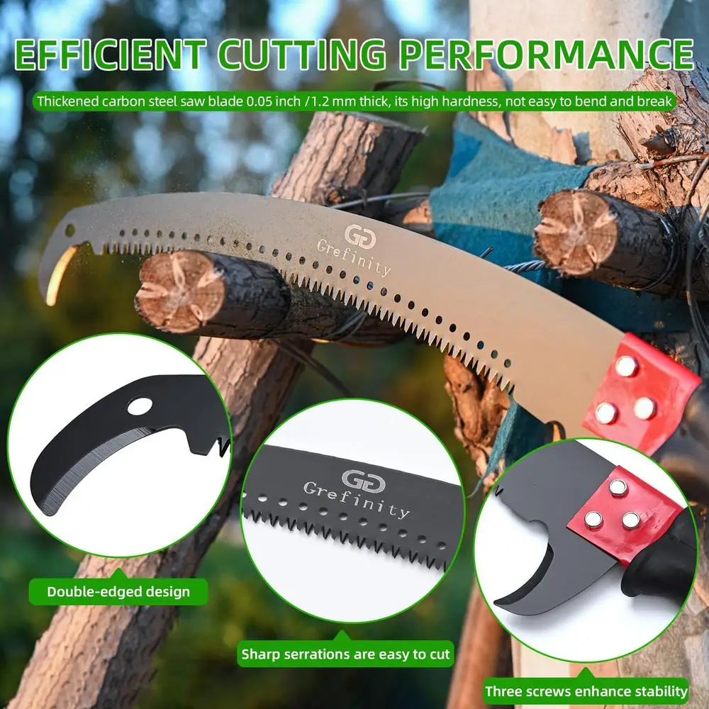27FT Manual Pole Saw Tree Branch Trimmer with 8-Section Fiberglass Handle Sharp Steel Blade and Scissors Lightweight Extendable