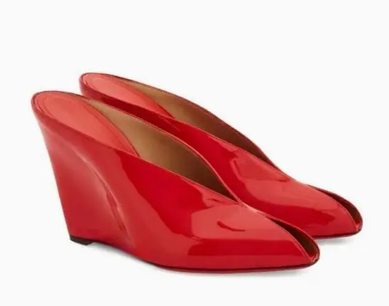 

Summer Red Shiny Patent Leather Pointed Peep Toe Wedges Mules Women Shallow Slip On High Heel Modern Slippers Sandals Shoes