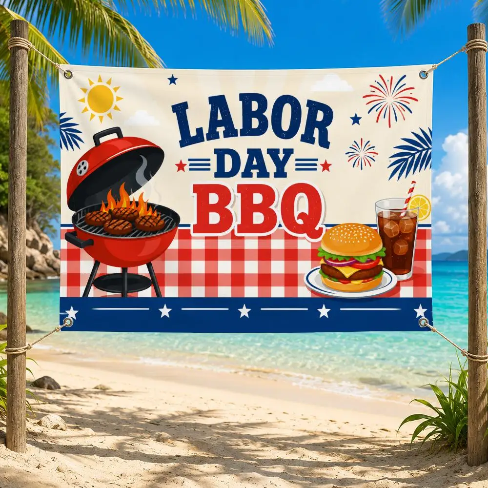 Festive Labor Day BBQ Illustration Flags Fade Resistant Flag Washable Lightweight HD Print Indoor Outdoor All-Weather