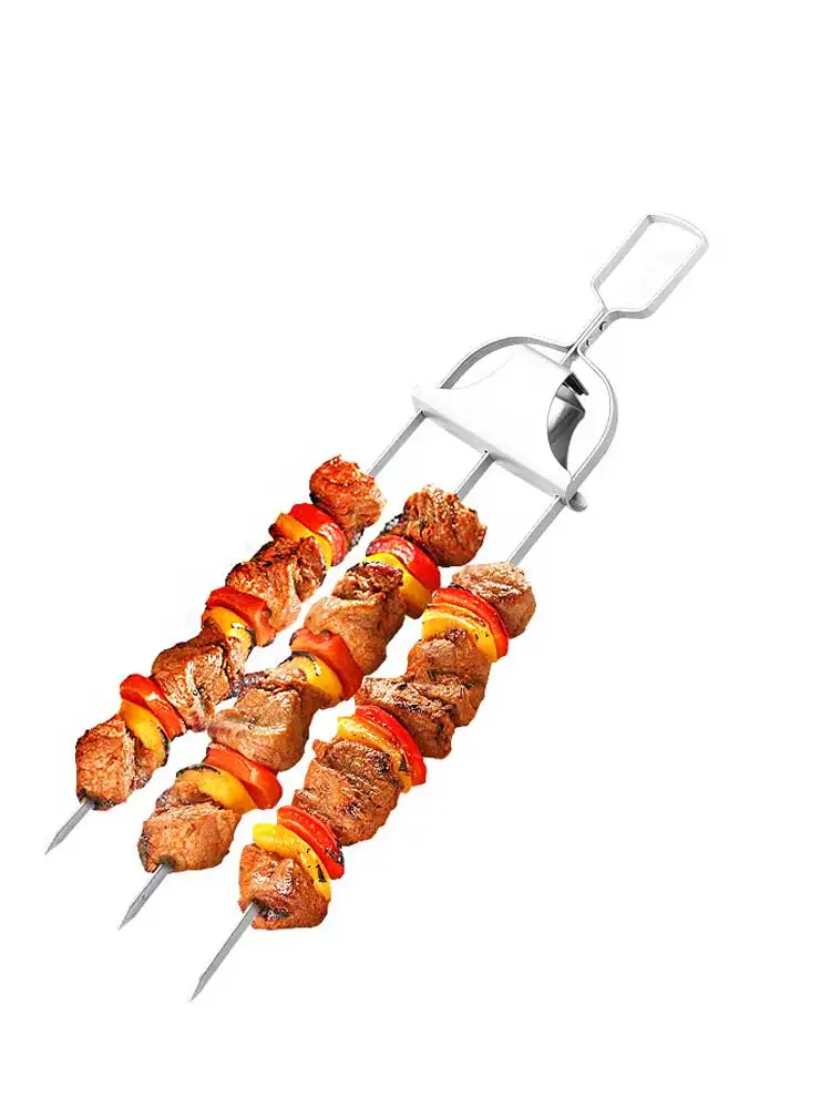 Kabob Skewers for Grilling 1 PCS Metal Kabob Skewer for Grilling 14 Inch Stainless Steel Barbecue Skewers with Push Rod Sliders