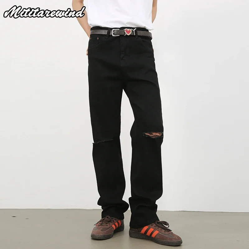 2025 Estate Nuovo Nero Jeans Strappati Uomo Coreano Moda Foro Stretch Slim Jeans Uomo Casual a vita media Pantaloni di jeans dritti Maschile