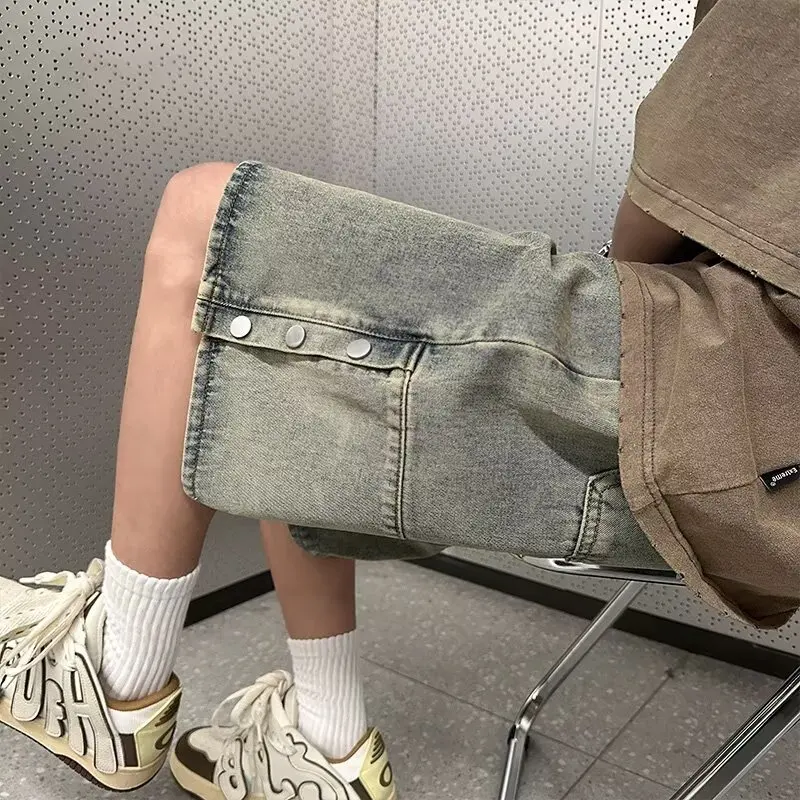 

Summer Men's Denim orts Five-Button High Waist Loose Fit Casual Straight Leg Jeans Youth Trendy Waed out Yellow Clay Color