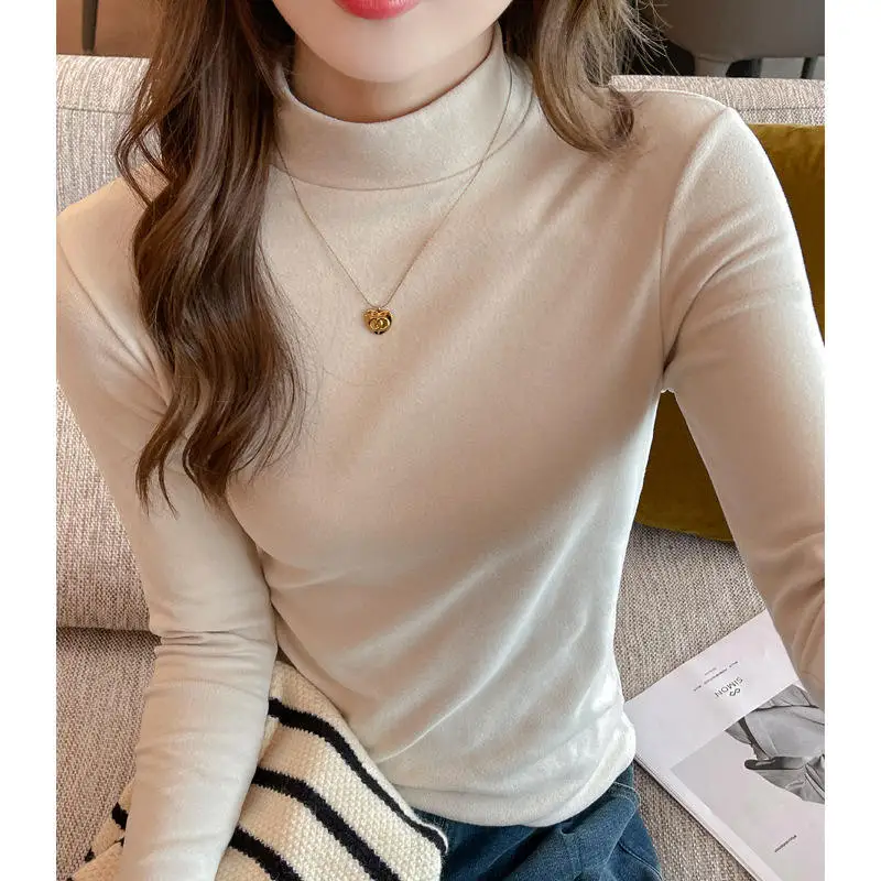 Thickened Long Sleeve Base Shirt Women's Inner Wear Shoulder T-Shirt Versatile Season Top Half High Collar Velvet Brushed Bas...