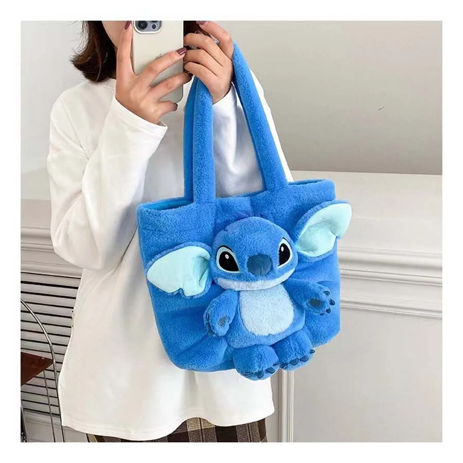 Disney 2024 New Cartoon Plush Doll Shoulder Bag Sweet and Cute Stitch Strawberry Bear Soft Cute Girls Handbag
