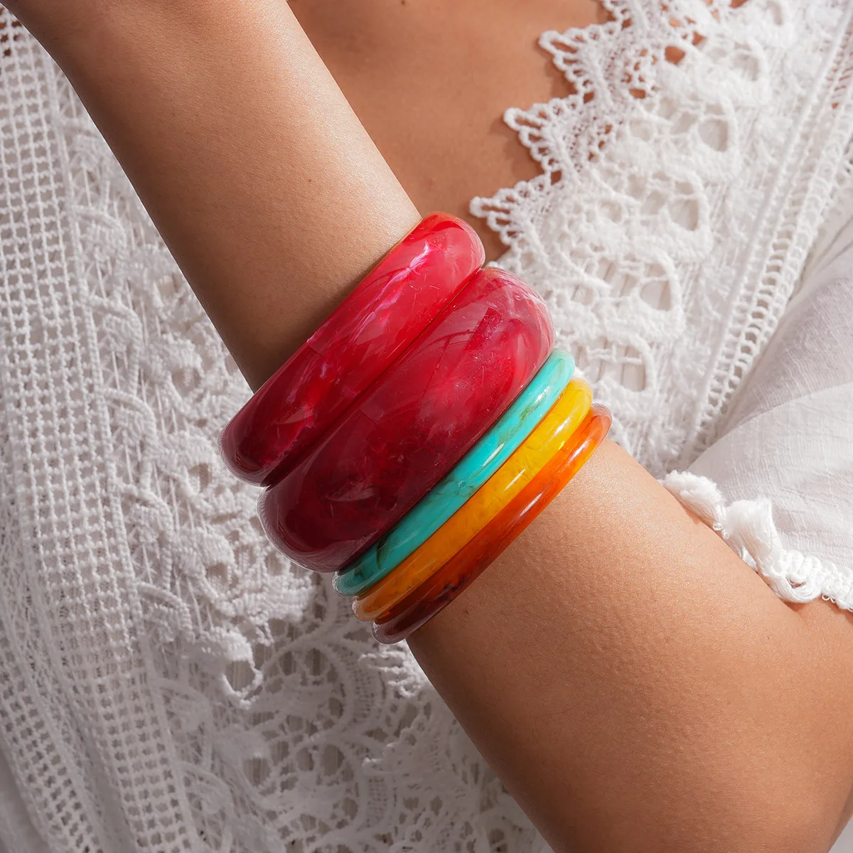 Vintage Multicolor Resin Bangle Retro Marbled Acrylic Chunky Cuff Bracelets Stackable Statement Jewelry for women Holiday Daily