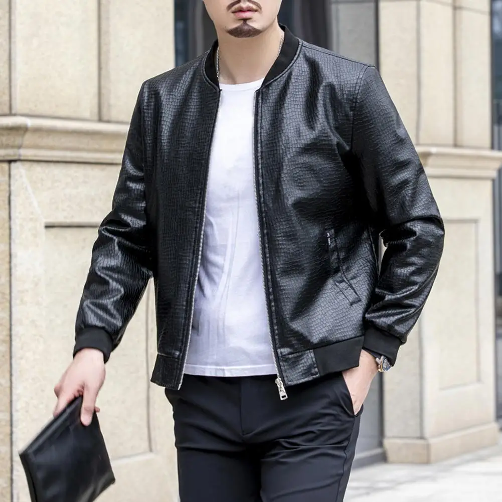 Men Coat Crack Stand Collar Solid Color Long Sleeve Faux Leather Zipper Ribbed Cuff Jacket Retro Outerwear Streetwear