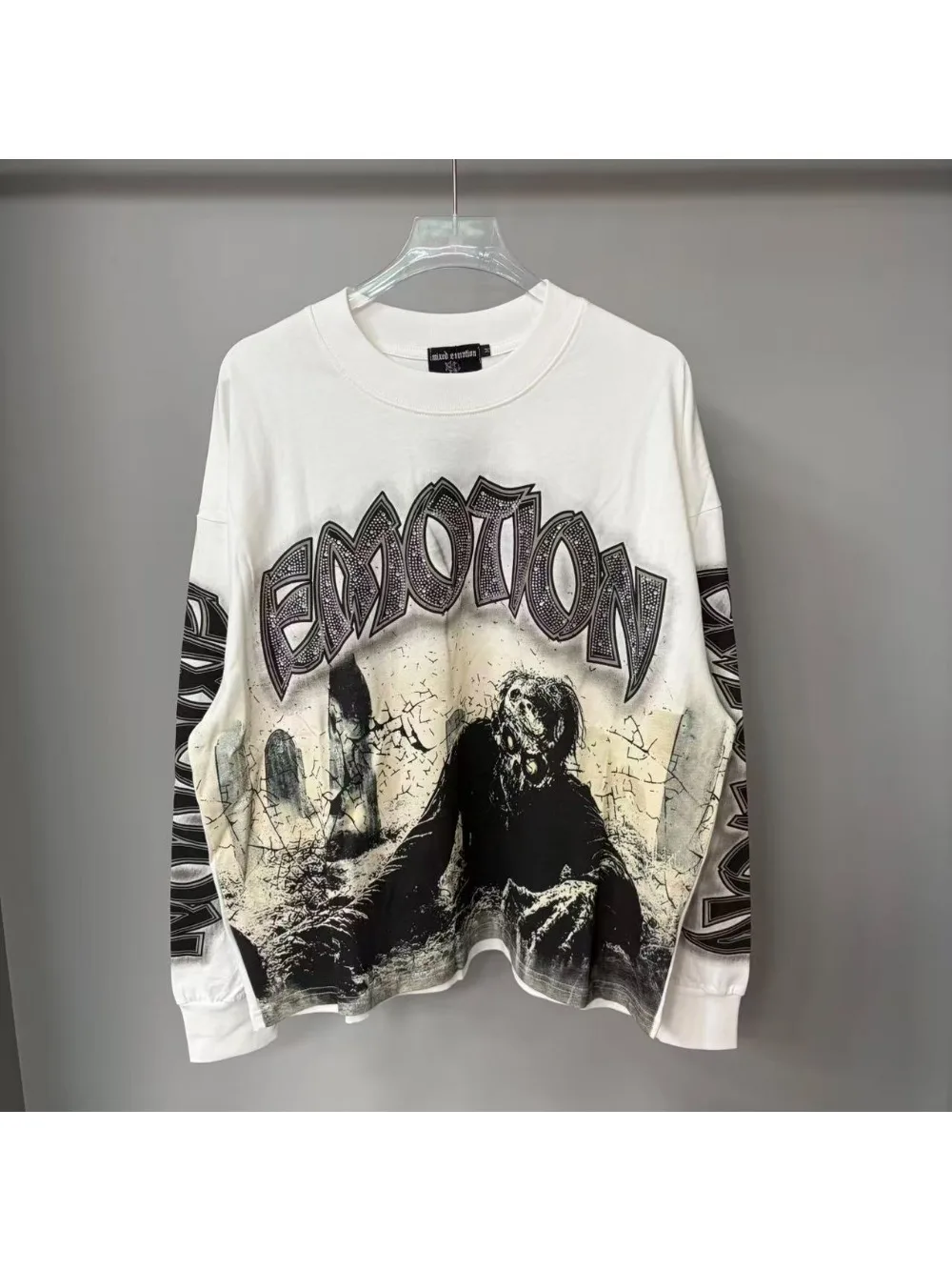 High Quality Designer MIXED-EMOTION Long sleeved T-shirt 100% cotton men's and women's Vintage Printed and hotfix rhinestone High Street Trendy Fashion Hip Hop T-shirt hoodie sweatshirt Pullover