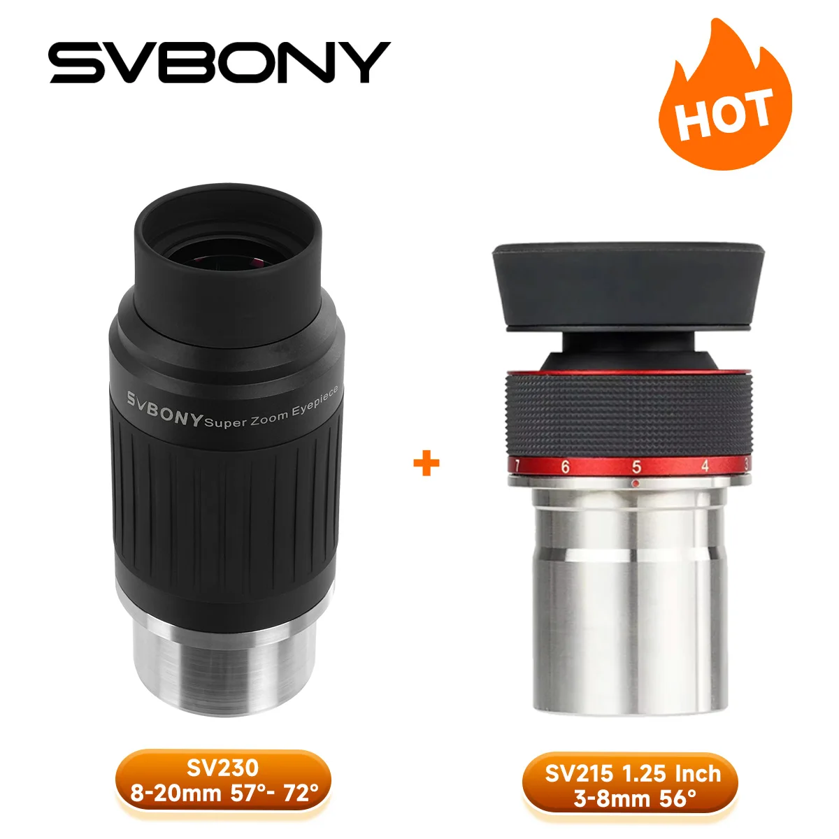 

Svbony SV230+SV215 Zoom Eyepiece Set Focal length coverage 3mm-20mm Clickstop Parfocal Design AFOV