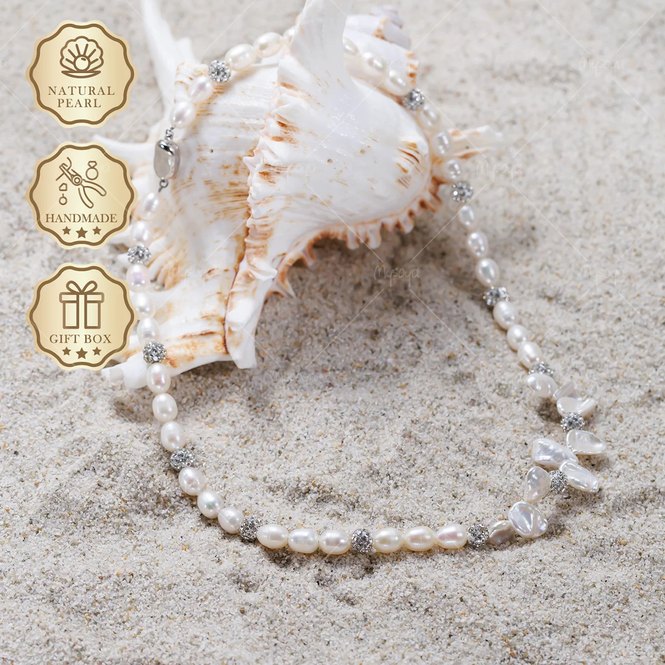 

MYSOYA White Rice Freshwater & Aurora Petal Baroque Pearl Necklace 6-7mm Silver Pea Clasp, Gift Box S530