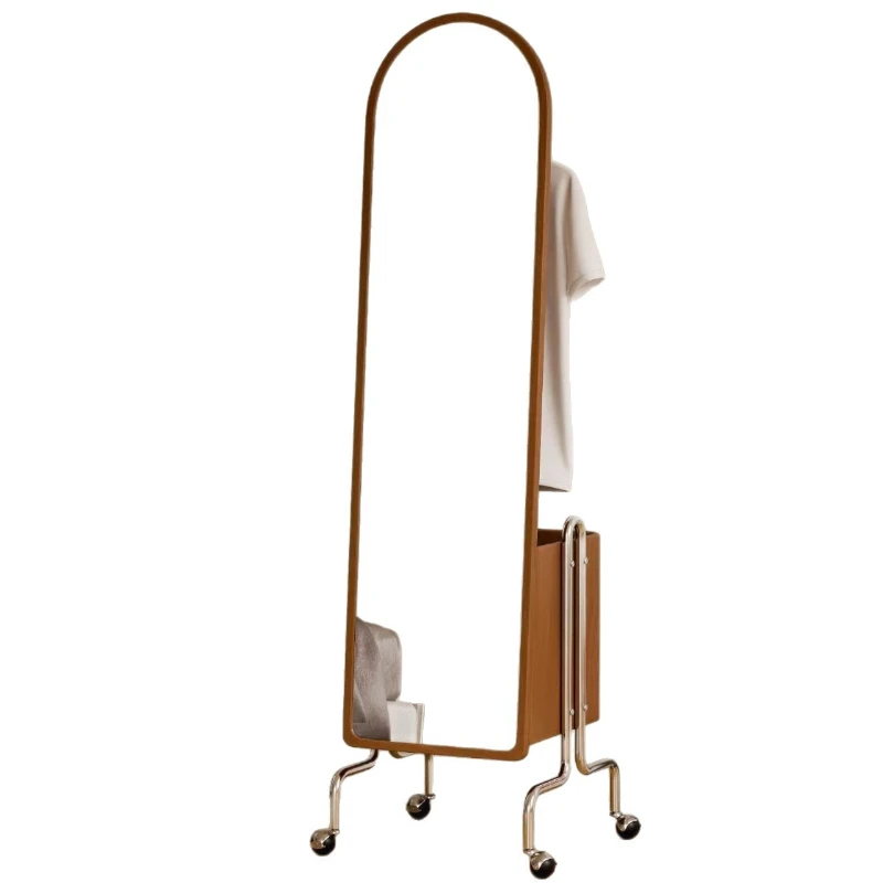 Movable full-length mirror full-body hanger integrated bedroom cream wind rotating floor coat rack with mirror household