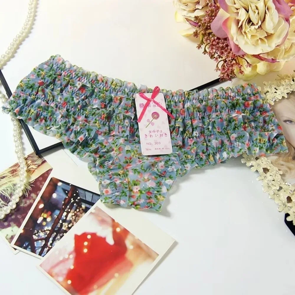Polka Dot Pattern Lace Briefs Underwear Lace Trim Mesh Fabric Low Waist Panties Cozy Texture Flower Pattern