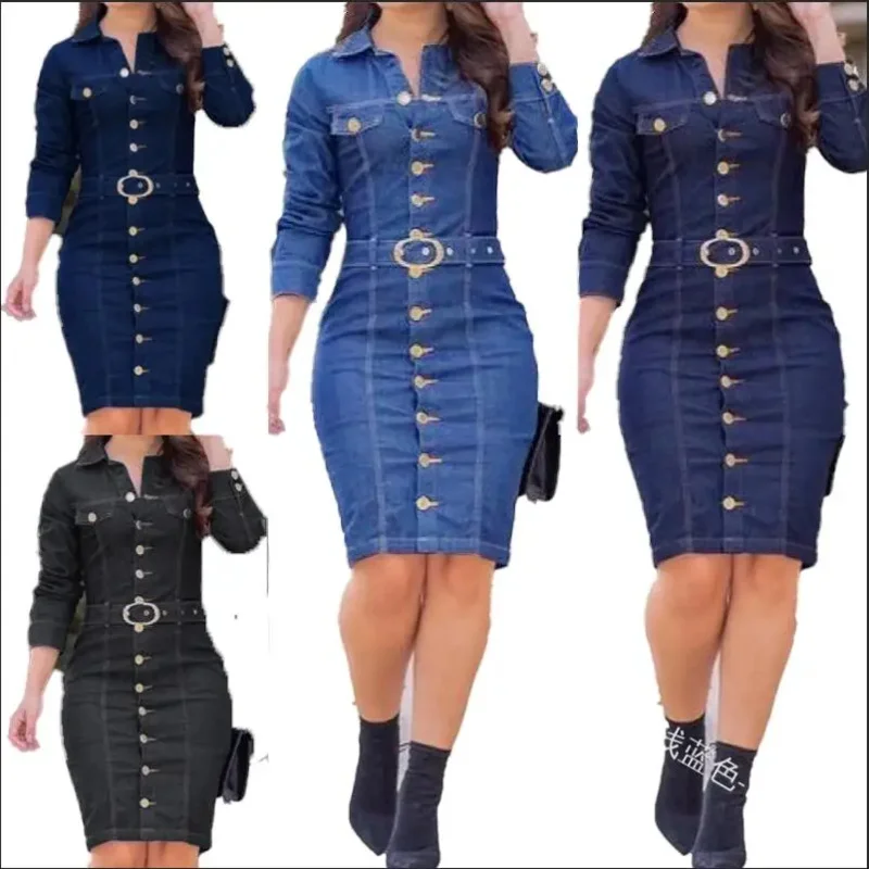 Abito in denim a maniche lunghe da donna primavera autunno vintage colletto rovesciato monopetto abito jeans nero abito da donna al ginocchio p