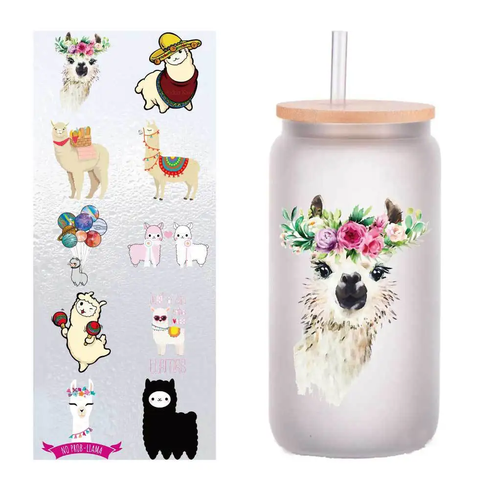 

10 pieces/pack cartoon alpaca spit UV transfer sticker Crystal label glass sticker customized four inches