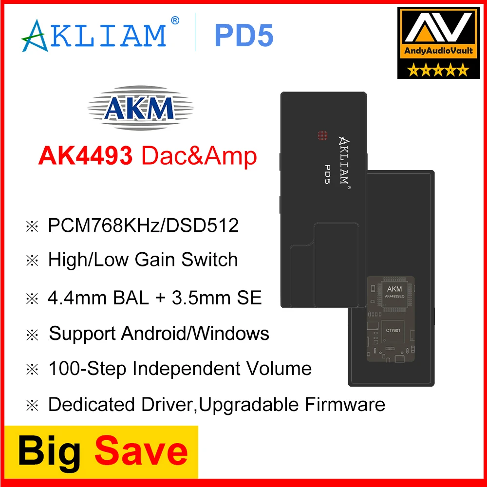 (Andy 5-Star) AkLIAM PD5 AK4493SEQ USB Dac محمول USB Dac & Amp 4.4 مم متوازن و 3.5 مم مضخم ضوت سماعات الأذن PCM768KHz DSD512