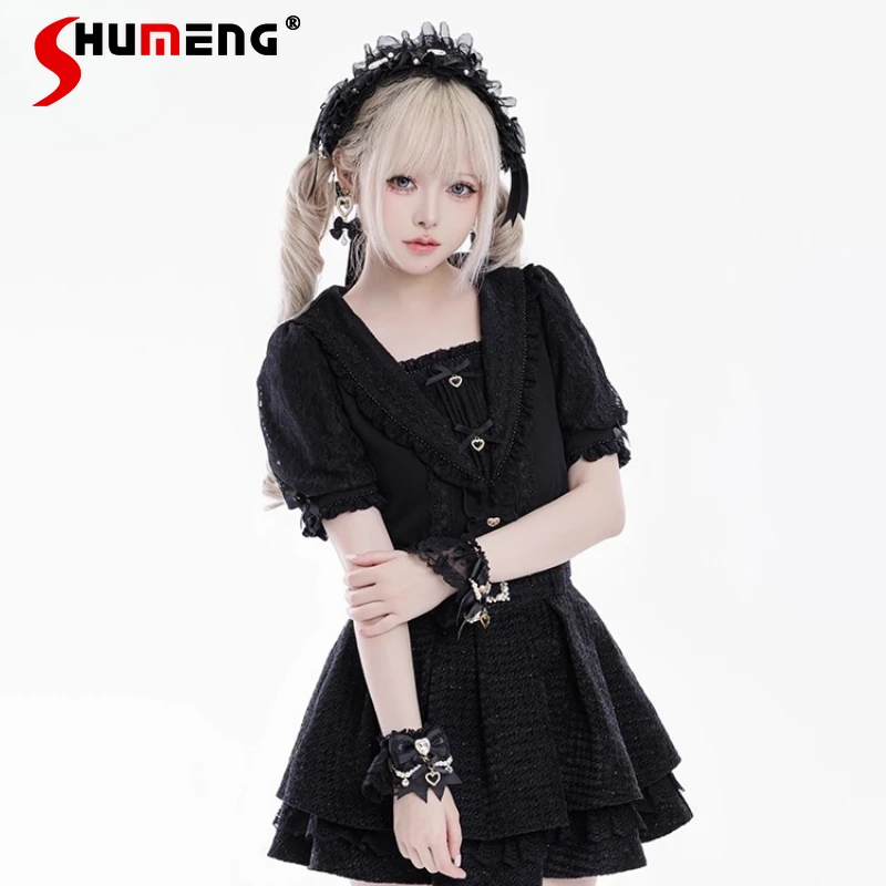 New Cute Lace Blusas Japanese Lolita Style Hot Girl Slim Fit Blouse Sailor Collar Short Sleeves Single-breasted Shirt For Women