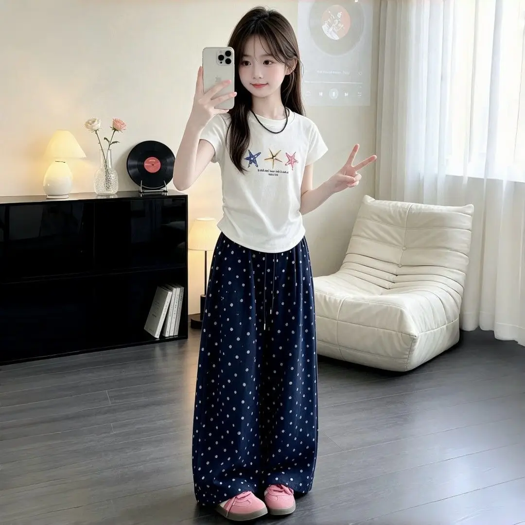 Girls Summer Fashion Casual 2Pcs O-neck Tees+Polka Dot Wide Pants Outfits 7-14 Years Kids Daily Loungewear Clothes Sets  -123