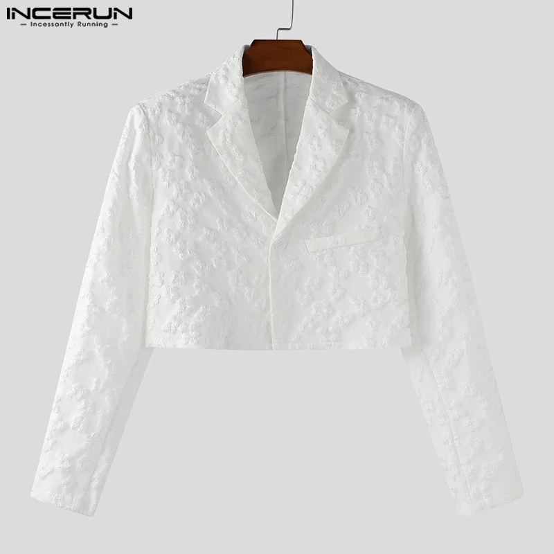 

INCERUN Men Blazer Flower Jacquard Lapel Long Sleeve Crop Coats Men Streetwear Autumn 2025 One Button Fashion Casual Male Suit