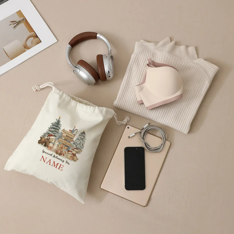 Borsa con coulisse beige natalizia con orso personalizzato, regalo di Natale, elegante, alla moda, di fascia alta e di alta qualità per la madre e la sorella