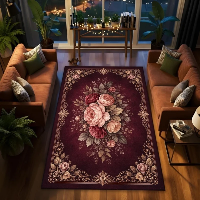 Dark Red Vintage Floral Black Border Large Felt Area Rug Non Slip Gothic Retro Living Room Floor Carpet