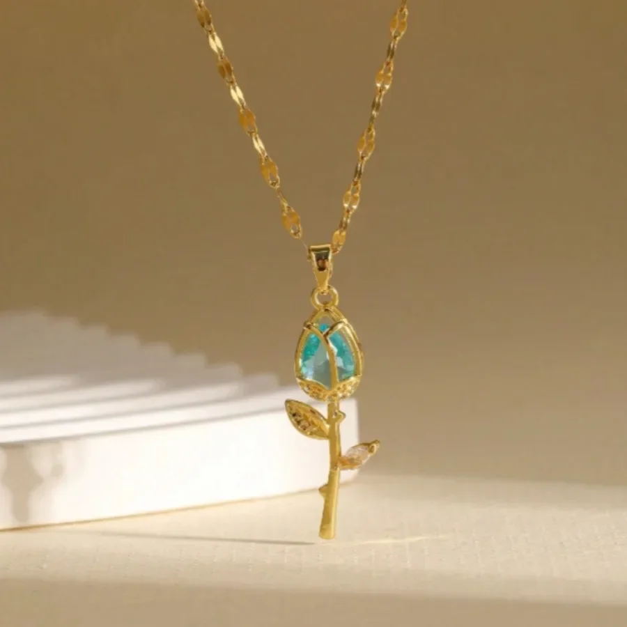 

Charming Transparent Aqua Blue Tulip Pendant Necklace, Romantic Artificial Flower Jewelry with Faux Flowers, Fake Flower Accesso