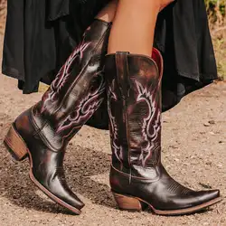 Embroidery Western Cowboy Boots Women's Pointed Toe Knight Boots Square Heels Totem Shoes Genuine Leather Mid Calf Boots Woman