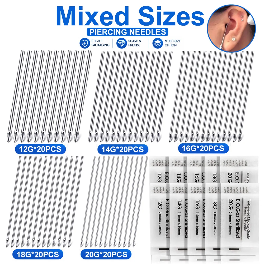 100/50/25/5pcs Piercing Needles Mix Size Body Piercing Needle 12/14/16/18/20G Disposable Ear Nose Navel Nipple Lip Piercing Tool