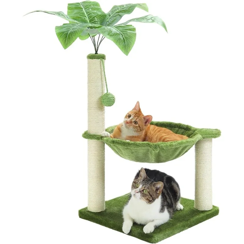 

Small Cat Tree, 28" Cat Tower with Sisal Scratching Posts and Coconut Leaves for Indoor Small Cats, Large Hammock and Dangling B