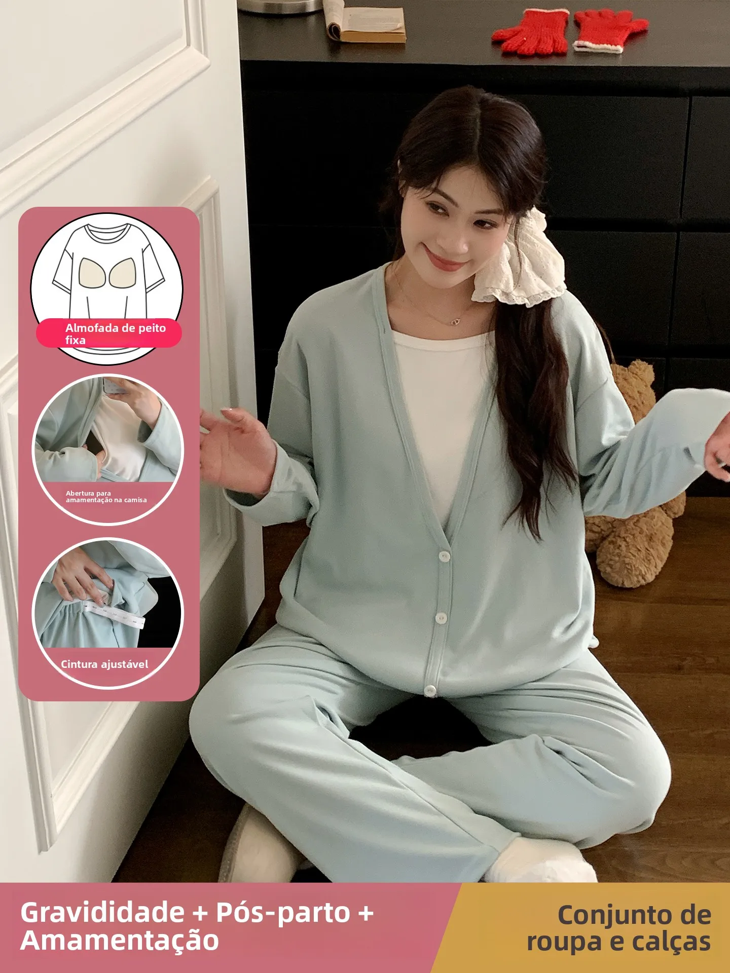 妊娠中や産後でも着用できるマタニティ寝間着、長袖オーバーヘッドタイプの病院滞在・産後回復用スーツ、柔らかいポリエステル素材の長ズボン