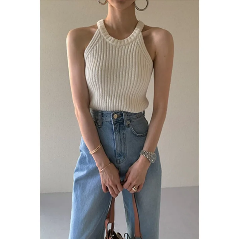

2025 Summer New Women's Knitted Sling Camisole High End Slim Fit Short Length Flattering for Hiding Flaws Sleeveless Top