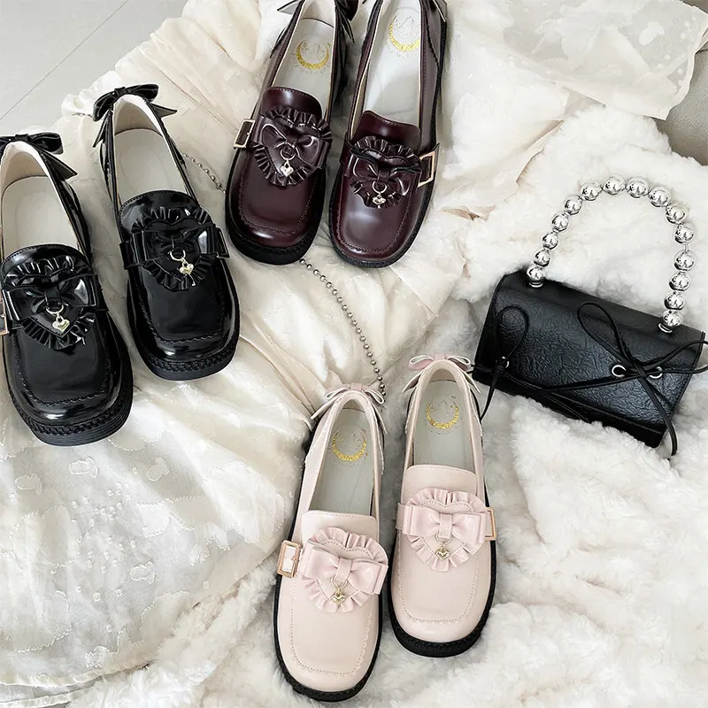Japanese Original Round Head Flat Bottom Jk Bow Love Single Shoes College Style Uniform Shoes Student Small Leather Shoe Women