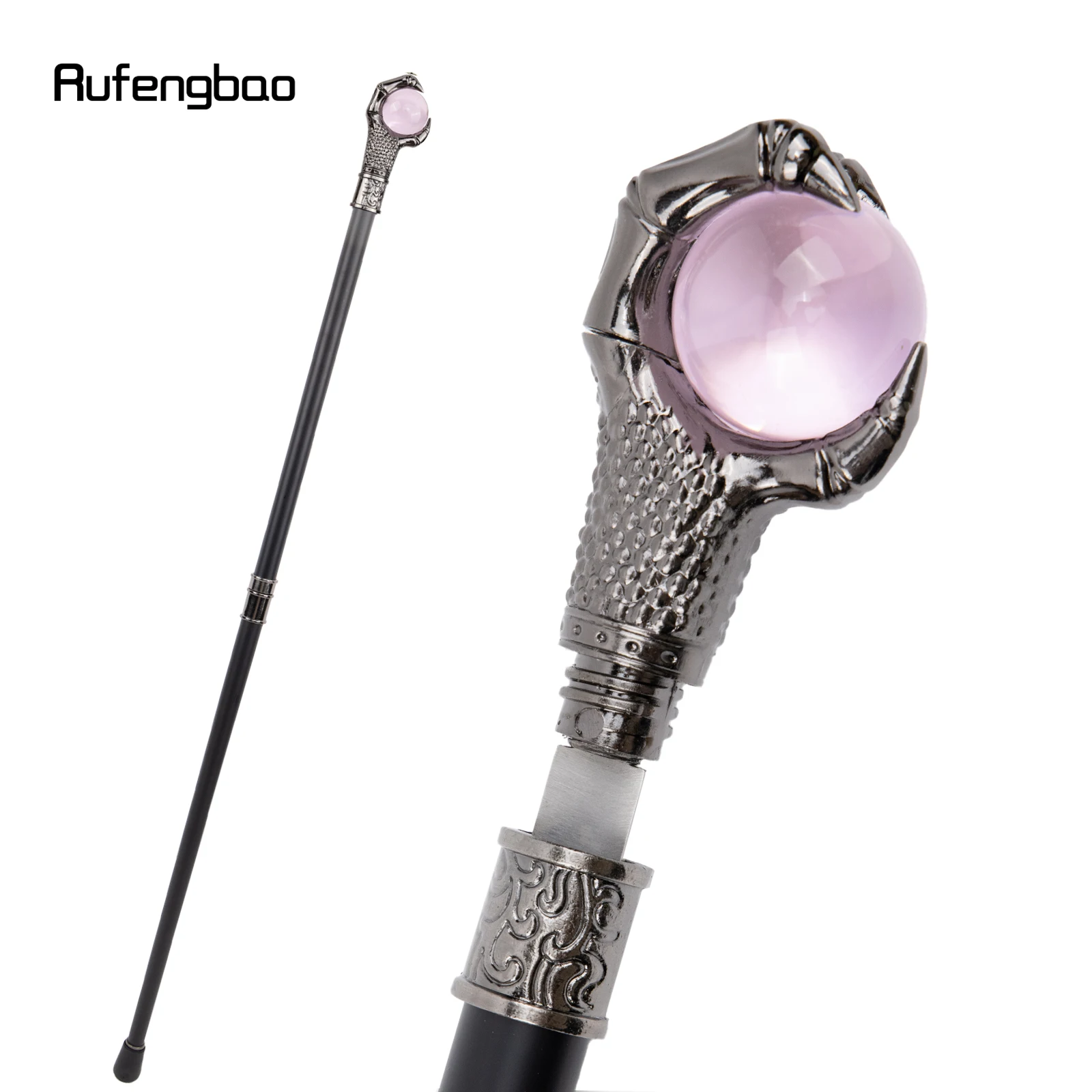 Dragon Claw Grasp Pink Glass Ball Single Joint Silver Walking Stick with Hidden Plate Self Defense Cane Cosplay Crosier 93cm