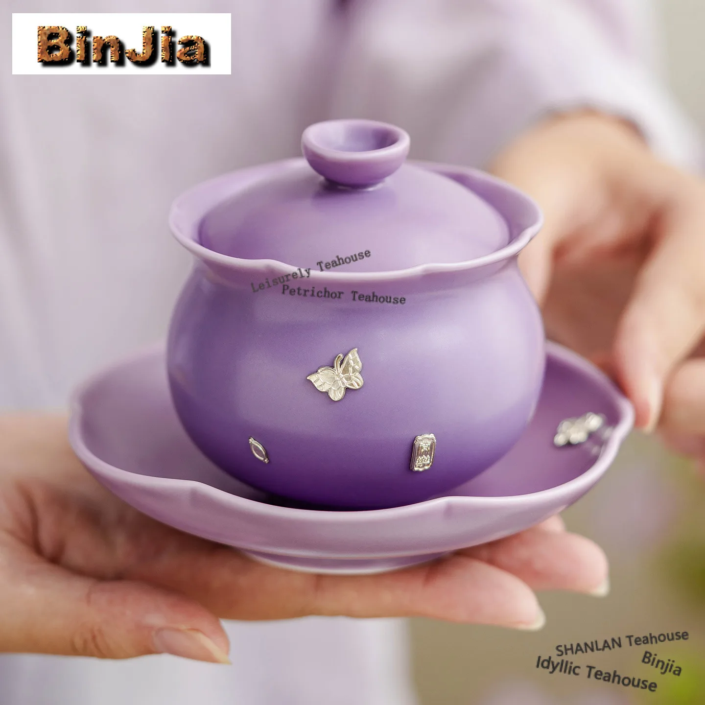 

165ml Butterfly Nail Lilac Purple Gaiwan Vintage Tea Tureen Tea Bowl With Lid Kit Tea Brewing Cover Bowl Cafes Accessories Gift