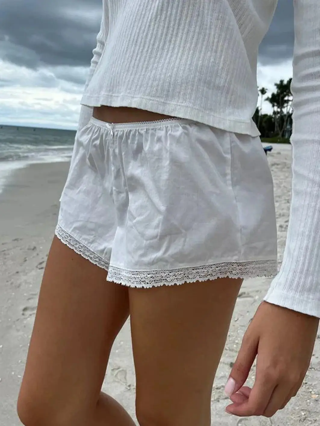 White T-shirt Shorts 2 Piece Sets Woman Lace Trim V-neck Ribbed Tees Bow Elastic Waist Loose Short Pants Sweet Cotton Home Sets