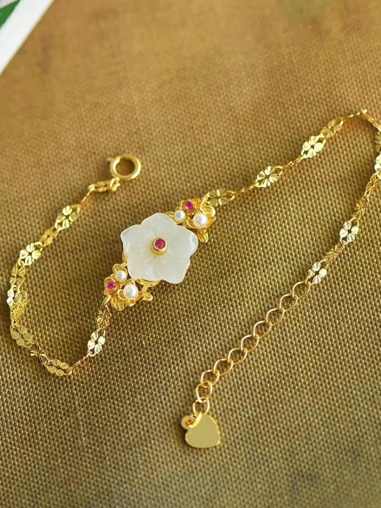 Fashion Jade Flower 925 Sterling Silver Gold-Plated Bracelet Women Fine Jewelry Chain Bracelet