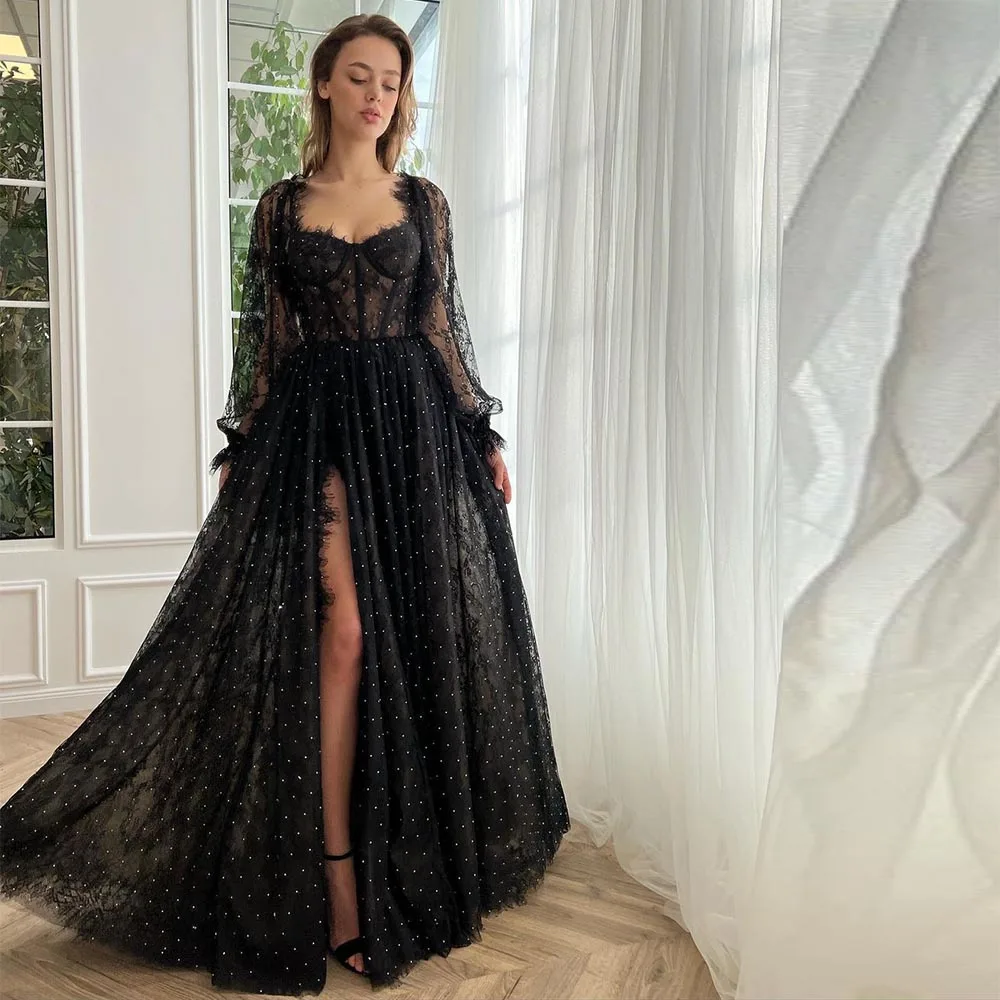 Sevintage Black Lace Appliques Beading Prom Dresses Long Sleeves A-Line High Side Split Saudi Arabic Women Party Evening Gowns