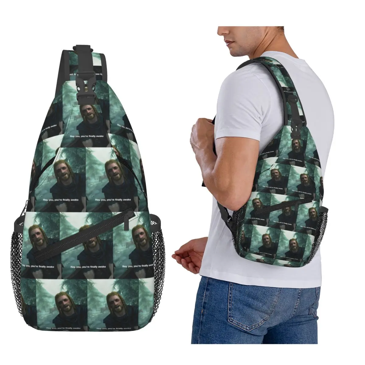 

Hey You You'Re Finally Awake Skyrim Chest Bag Men Sling Crossbody Backpack Chest Bag Traveling Hiking Daypack Shoulder Bag