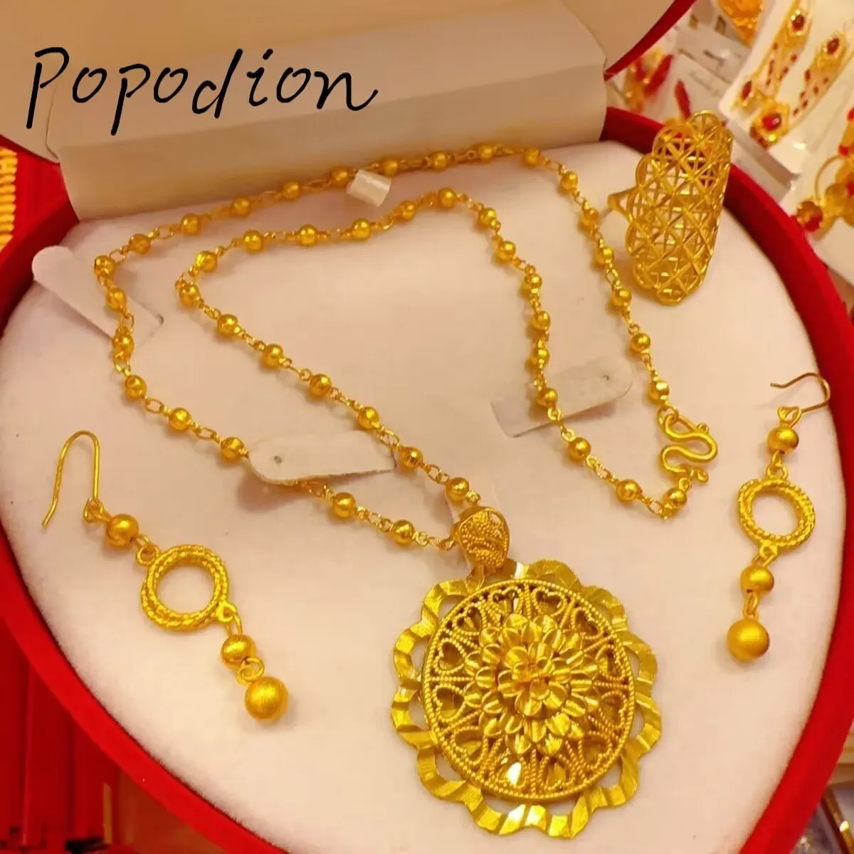 Dubai New 24K Gold Plated Necklace Eardrop Ring Wedding Jewelry Set for Women DD10305