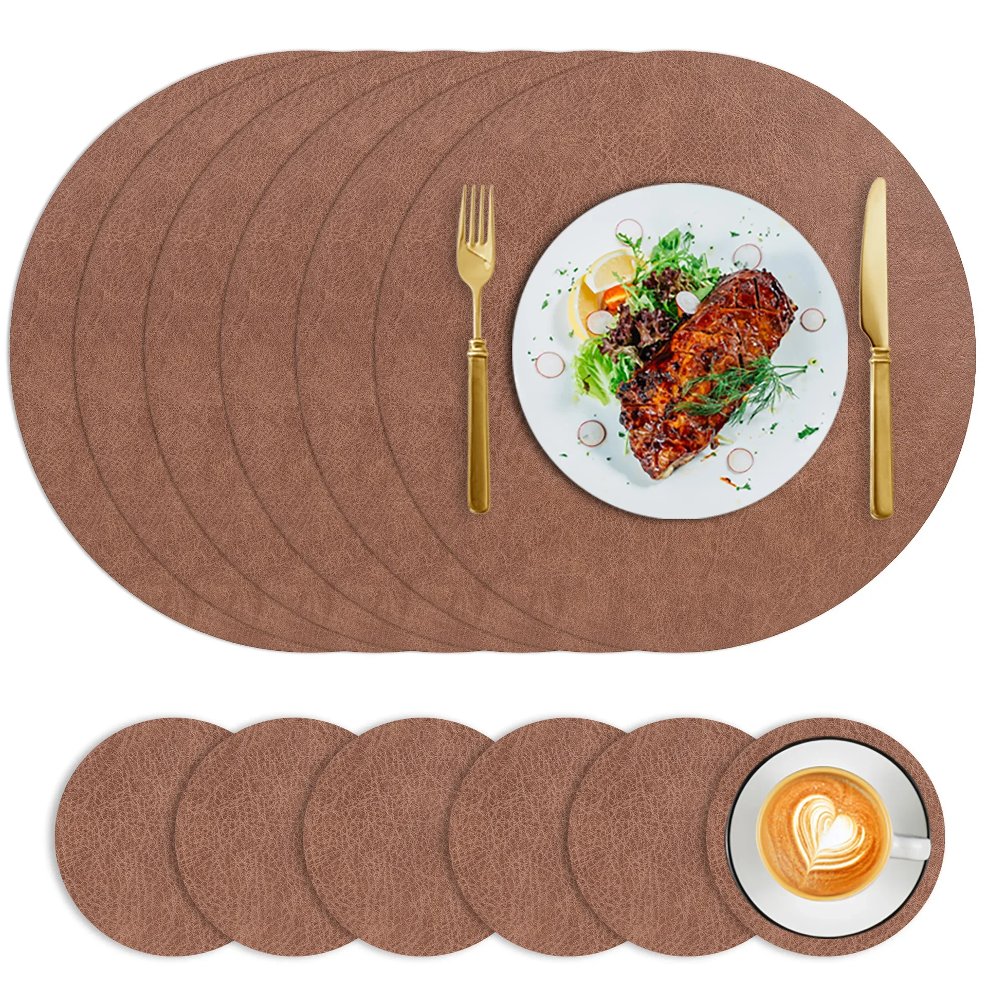 

Vintage Style Double-Sided PVC Leather Placemat Round Faux Leather Heat-Resistant Waterproof Cup Plate Mat