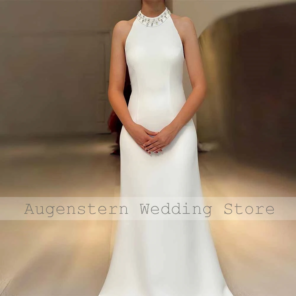 Noble Hall Brautkleider Satin Meerjungfrau/Trompete Verlobungskleid Weiß Stehkragen Strass Schal Hochzeit Partykleid Lang