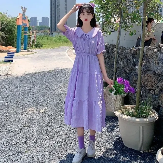 Summer New Purple Mid Length Short Sleeve Dress Women Woman Dress Vestido De Mujer Femme Robe AliExpress 200000345