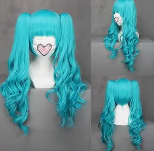 Vocaloid Miku Long Blue Green Wavy Anime Cosplay Party Wig+2Clip On Ponytail