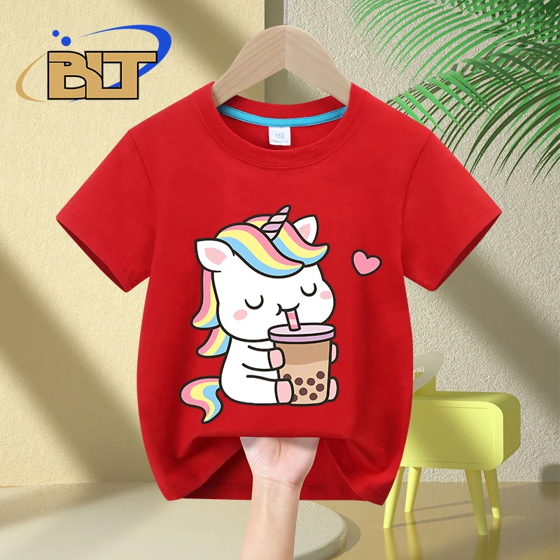 T-shirt à Manches Courtes en Pur Coton pour Enfant Garçon et Fille, Vêtement Décontracté avec Imprimé du Petit Nairobi Orn Love Boba Milk Tea