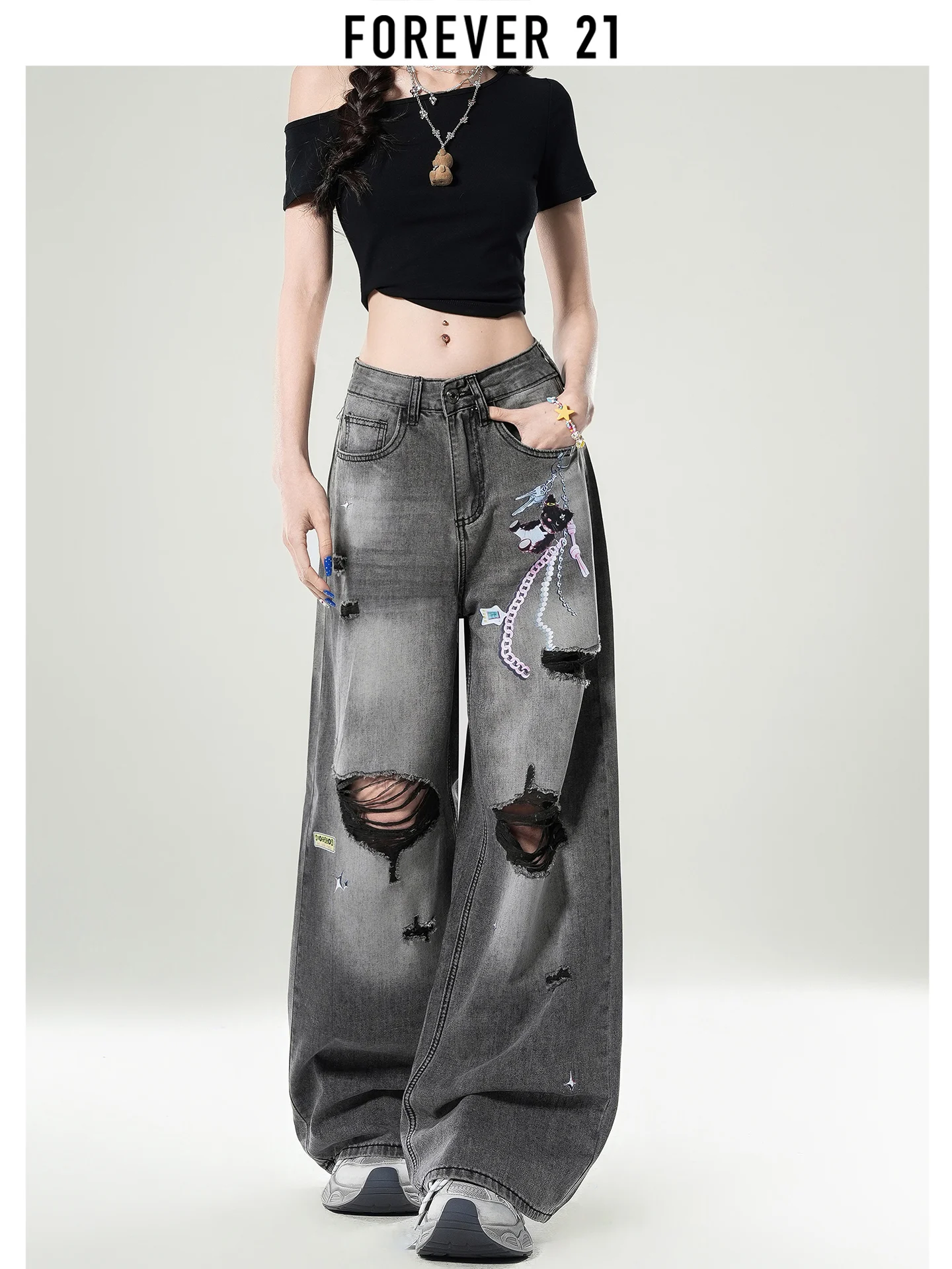 Jeans Estampados Forever 21 American High Street para Mujer, Pantalones Largos de Pierna Ancha con Aberturas, Cintura Alta, Estilo Denim, Novedad de Verano